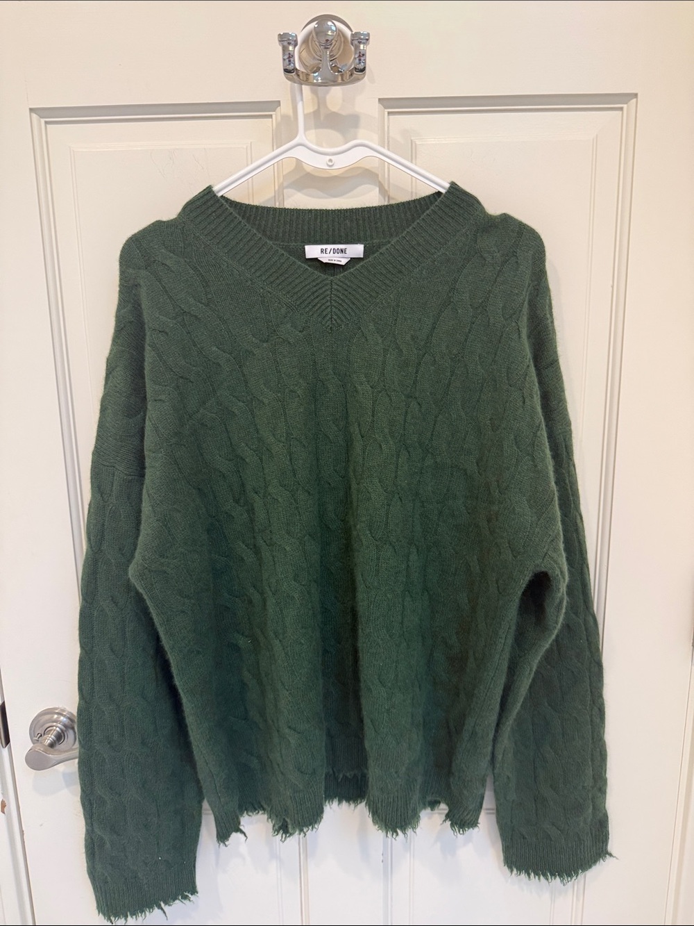 Re/Done Dark Green Cable V-Neck Sweater